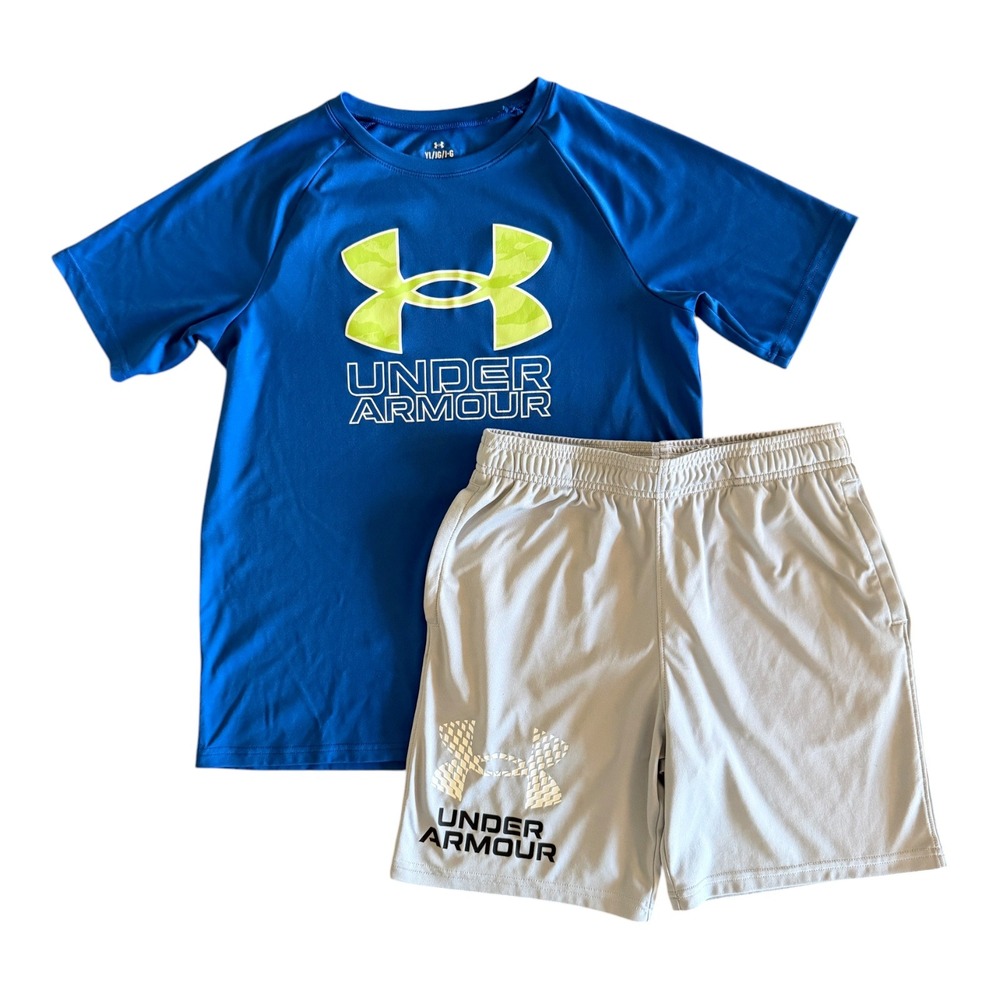 Under Armour Boys Blue Gray Athletic Shirt Shorts Outfit Set - Youth Large